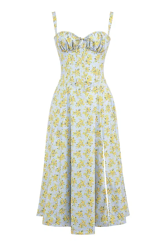 Carmen Soft Blue Vintage Floral Print Cotton Bustier Sundress Carmen Soft Blue Vintage Floral Print Cotton Bustier Sundress