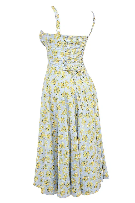 Carmen Soft Blue Vintage Floral Print Cotton Bustier Sundress Carmen Soft Blue Vintage Floral Print Cotton Bustier Sundress