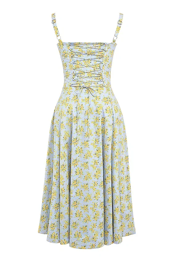 Carmen Soft Blue Vintage Floral Print Cotton Bustier Sundress Carmen Soft Blue Vintage Floral Print Cotton Bustier Sundress