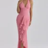Carmine Raspberry Mesh Halter Neck Waterfall Maxi Dress Carmine Raspberry Mesh Halter Neck Waterfall Maxi Dress