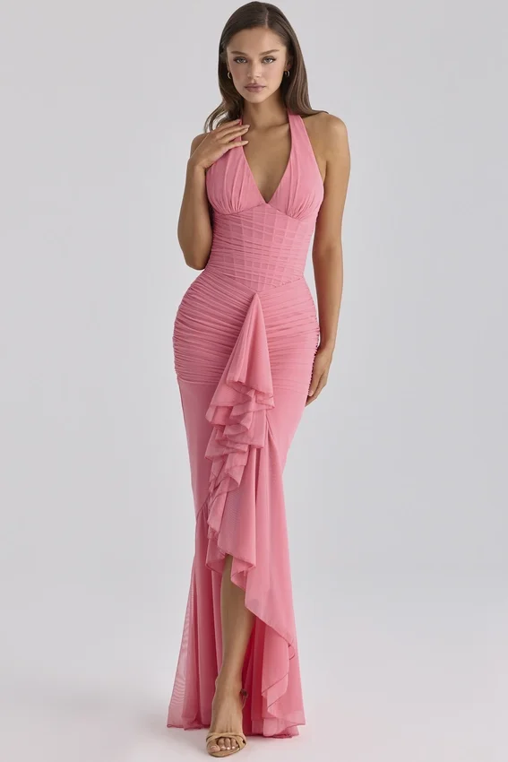 Carmine Raspberry Mesh Halter Neck Waterfall Maxi Dress Carmine Raspberry Mesh Halter Neck Waterfall Maxi Dress