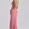 Carmine Raspberry Mesh Halter Neck Waterfall Maxi Dress Carmine Raspberry Mesh Halter Neck Waterfall Maxi Dress