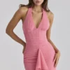 Carmine Raspberry Mesh Halter Neck Waterfall Maxi Dress Carmine Raspberry Mesh Halter Neck Waterfall Maxi Dress