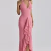 Carmine Raspberry Mesh Halter Neck Waterfall Maxi Dress Carmine Raspberry Mesh Halter Neck Waterfall Maxi Dress