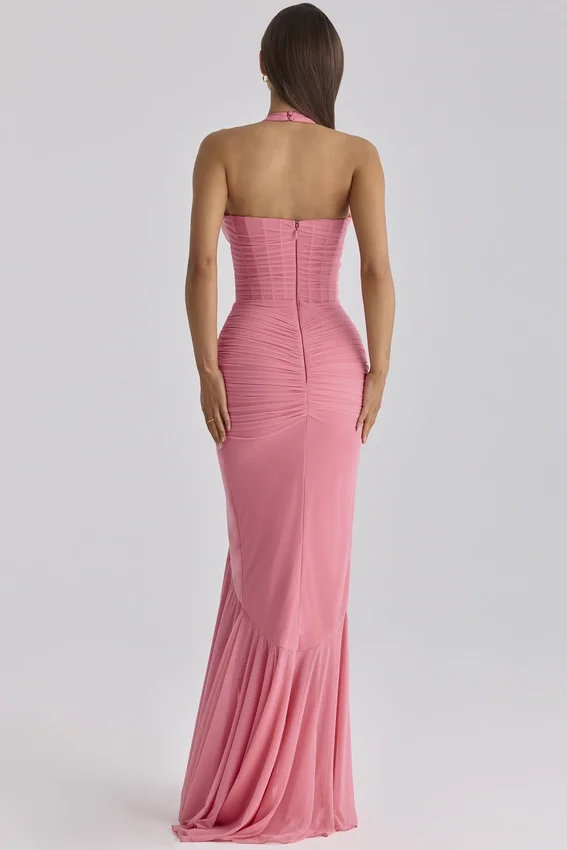 Carmine Raspberry Mesh Halter Neck Waterfall Maxi Dress Carmine Raspberry Mesh Halter Neck Waterfall Maxi Dress