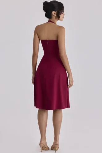 Carolla Wine Soft Twill Halter Neck Midi Dress