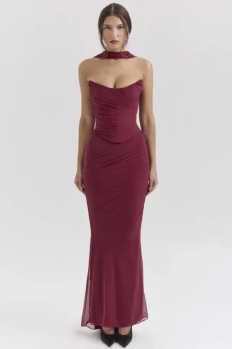 Cassidy Cabernet Fluted Hem Mesh Maxi Skirt