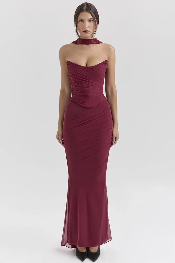 Cassidy Cabernet Fluted Hem Mesh Maxi Skirt Cassidy Cabernet Fluted Hem Mesh Maxi Skirt