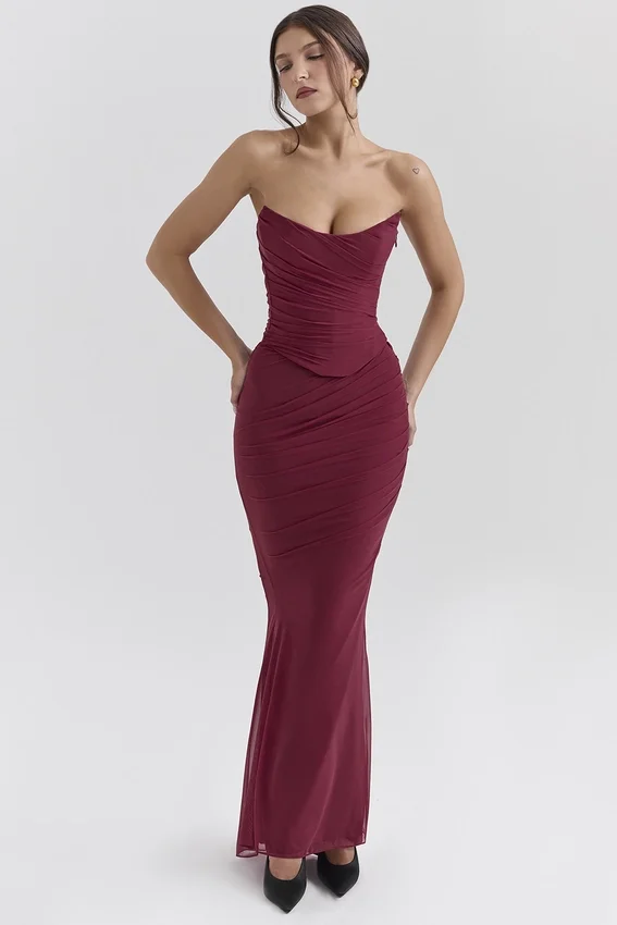 Cassidy Cabernet Fluted Hem Mesh Maxi Skirt Cassidy Cabernet Fluted Hem Mesh Maxi Skirt