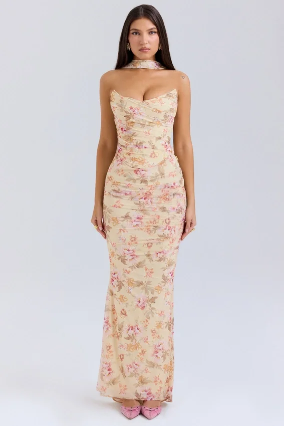 Hallie Honeyflower Print Strapless Corset With Neck Scarf Hallie Honeyflower Print Strapless Corset With Neck Scarf