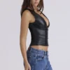 Catalina Black Vegan Leather V-Neck Top