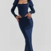 Charlene Navy Satin Bias Cut Maxi Skirt