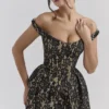 Charming Black Gold Lace Off Shoulder Midi Gown