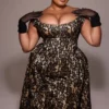 Charming Black Gold Lace Off Shoulder Midi Gown