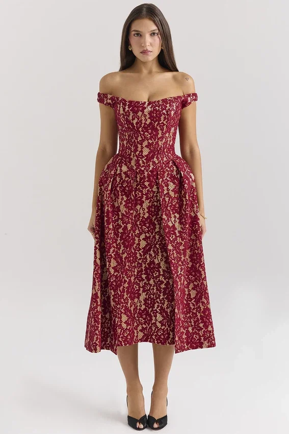 Charming Gold and Berry Lace Midi Off Shoulder Dress Charming Gold and Berry Lace Midi Off Shoulder Dress