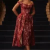 Charming Gold and Berry Lace Midi Off Shoulder Dress Charming Gold and Berry Lace Midi Off Shoulder Dress
