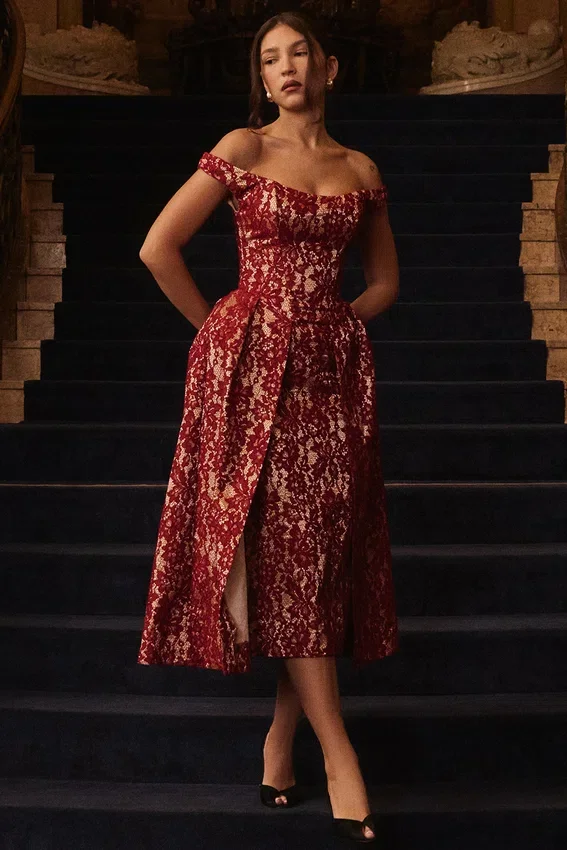 Charming Gold and Berry Lace Midi Off Shoulder Dress Charming Gold and Berry Lace Midi Off Shoulder Dress