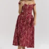 Charming Gold and Berry Lace Midi Off Shoulder Dress Charming Gold and Berry Lace Midi Off Shoulder Dress