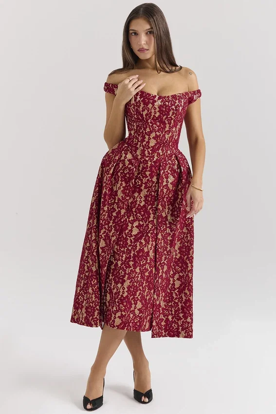 Charming Gold and Berry Lace Midi Off Shoulder Dress Charming Gold and Berry Lace Midi Off Shoulder Dress