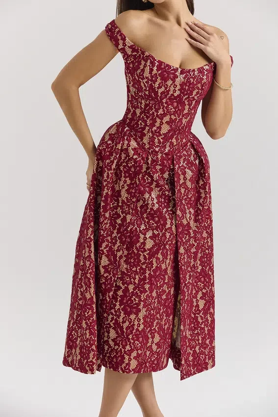 Charming Gold and Berry Lace Midi Off Shoulder Dress Charming Gold and Berry Lace Midi Off Shoulder Dress
