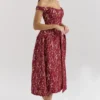 Charming Gold and Berry Lace Midi Off Shoulder Dress Charming Gold and Berry Lace Midi Off Shoulder Dress