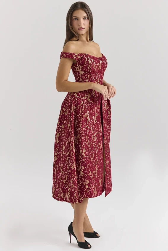 Charming Gold and Berry Lace Midi Off Shoulder Dress Charming Gold and Berry Lace Midi Off Shoulder Dress