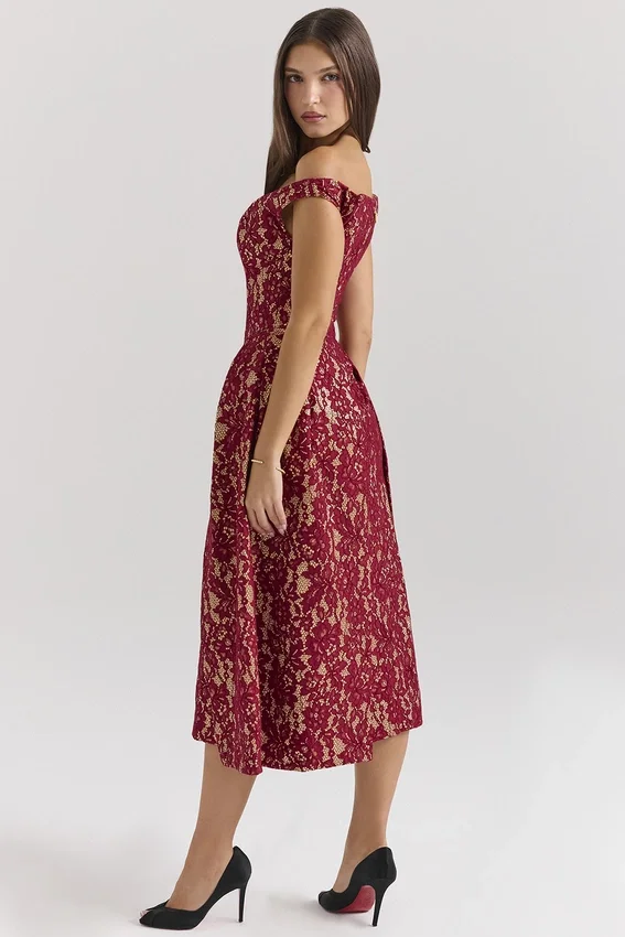 Charming Gold and Berry Lace Midi Off Shoulder Dress Charming Gold and Berry Lace Midi Off Shoulder Dress
