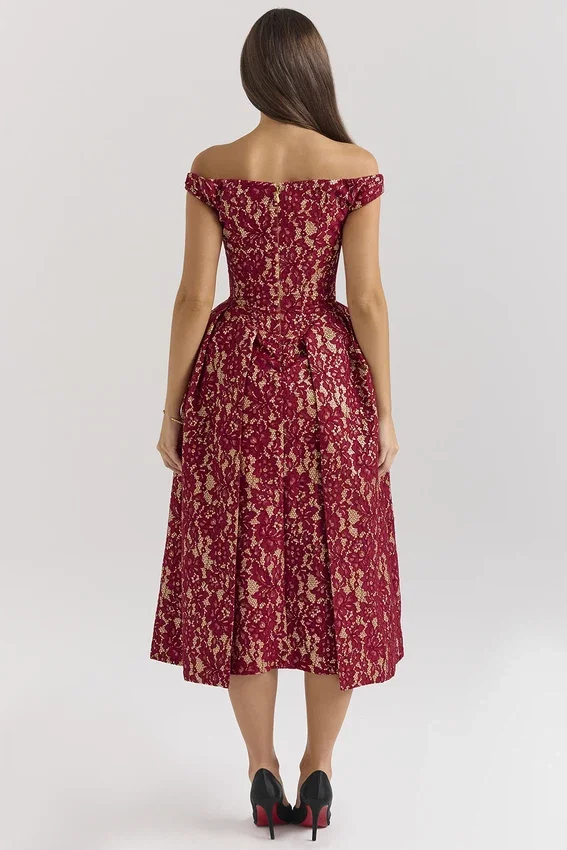 Charming Gold and Berry Lace Midi Off Shoulder Dress Charming Gold and Berry Lace Midi Off Shoulder Dress