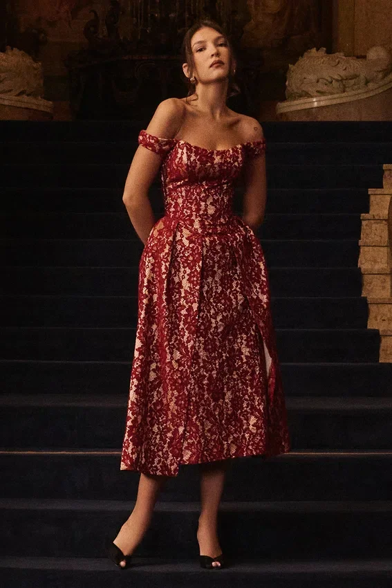 Charming Gold and Berry Lace Midi Off Shoulder Dress Charming Gold and Berry Lace Midi Off Shoulder Dress