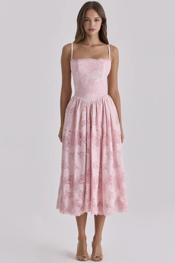 Chloe Pink Cotton Broderie Anglais Lace Midi Sundress Chloe Pink Cotton Broderie Anglais Lace Midi Sundress
