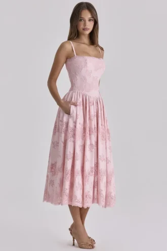 Chloe Pink Cotton Broderie Anglais Lace Midi Sundress