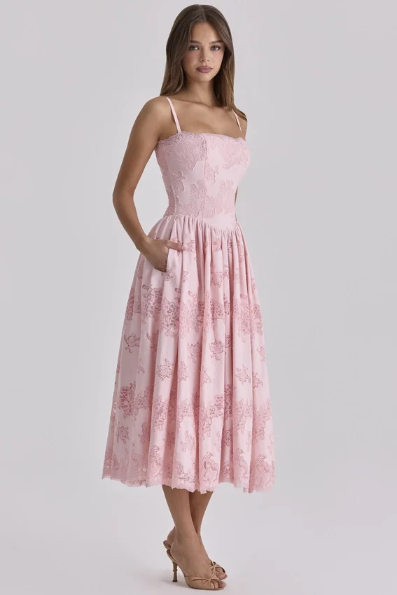 Chloe Pink Cotton Broderie Anglais Lace Midi Sundress Chloe Pink Cotton Broderie Anglais Lace Midi Sundress