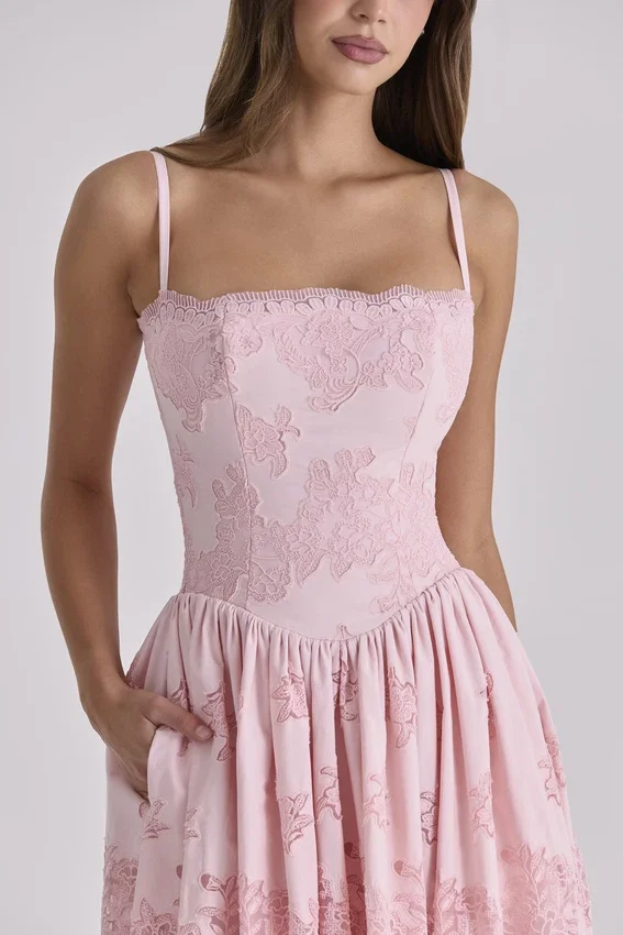 Chloe Pink Cotton Broderie Anglais Lace Midi Sundress Chloe Pink Cotton Broderie Anglais Lace Midi Sundress