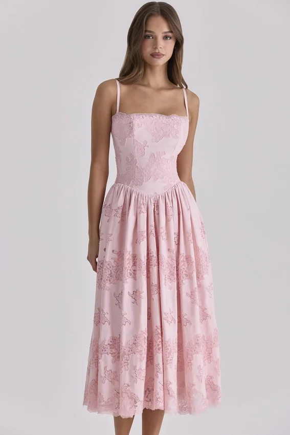 Chloe Pink Cotton Broderie Anglais Lace Midi Sundress Chloe Pink Cotton Broderie Anglais Lace Midi Sundress
