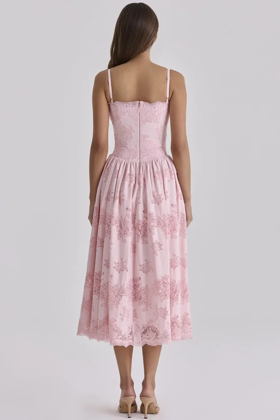 Chloe Pink Cotton Broderie Anglais Lace Midi Sundress Chloe Pink Cotton Broderie Anglais Lace Midi Sundress