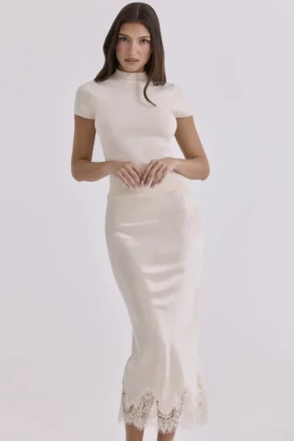 Ciara Vintage Ivory Satin + Lace Midi Skirt
