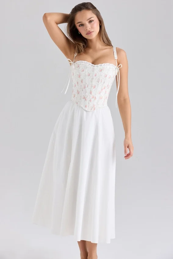 Clarabelle Rose Print Cotton Detachable Corset Midi Sundress Clarabelle Rose Print Cotton Detachable Corset Midi Sundress
