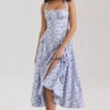 Claudia Blue Floral Print Stretch Cotton Halter Neck Midi Dress Claudia Blue Floral Print Stretch Cotton Halter Neck Midi Dress
