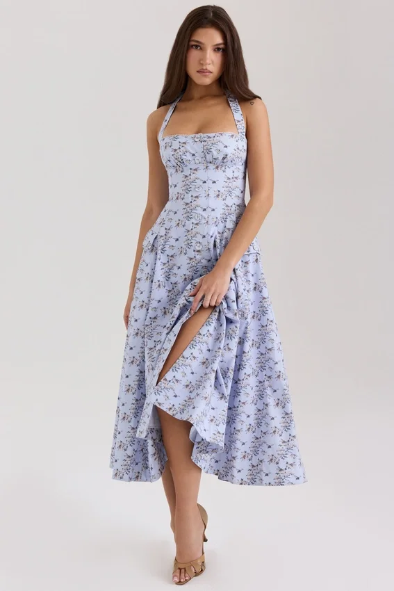 Claudia Blue Floral Print Stretch Cotton Halter Neck Midi Dress Claudia Blue Floral Print Stretch Cotton Halter Neck Midi Dress
