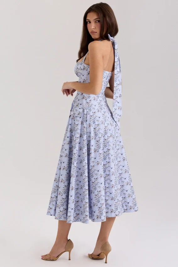 Claudia Blue Floral Print Stretch Cotton Halter Neck Midi Dress Claudia Blue Floral Print Stretch Cotton Halter Neck Midi Dress