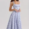 Claudia Blue Floral Print Stretch Cotton Halter Neck Midi Dress Claudia Blue Floral Print Stretch Cotton Halter Neck Midi Dress