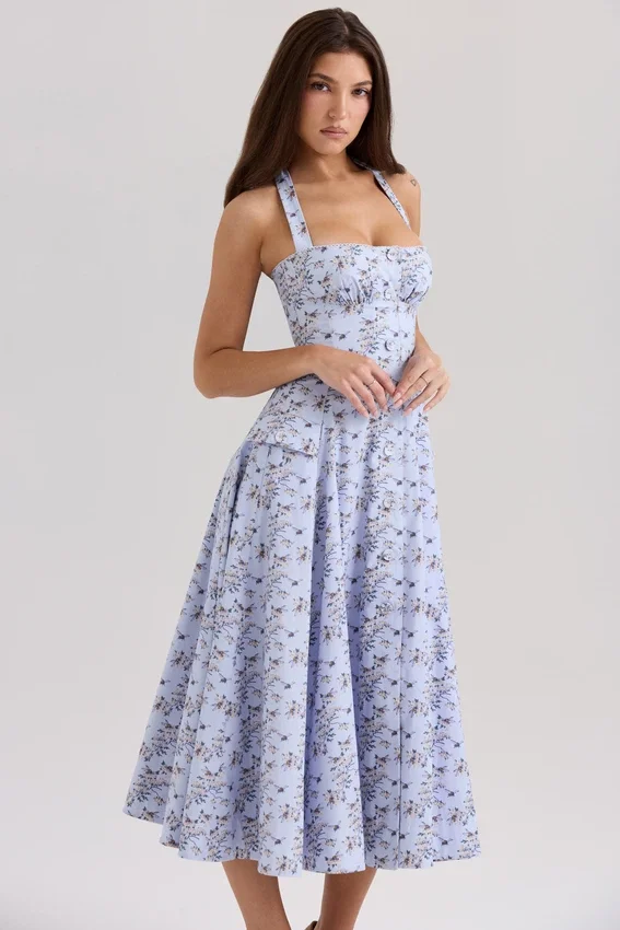 Claudia Blue Floral Print Stretch Cotton Halter Neck Midi Dress Claudia Blue Floral Print Stretch Cotton Halter Neck Midi Dress