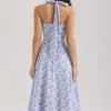 Claudia Blue Floral Print Stretch Cotton Halter Neck Midi Dress Claudia Blue Floral Print Stretch Cotton Halter Neck Midi Dress