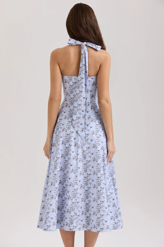 Claudia Blue Floral Print Stretch Cotton Halter Neck Midi Dress Claudia Blue Floral Print Stretch Cotton Halter Neck Midi Dress
