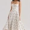 Claudia Cream Daisy Print Stretch Cotton Halter Neck Midi Dress Claudia Cream Daisy Print Stretch Cotton Halter Neck Midi Dress