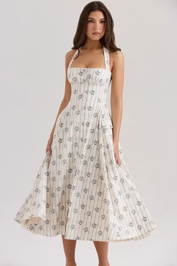 Claudia Cream Daisy Print Stretch Cotton Halter Neck Midi Dress Claudia Cream Daisy Print Stretch Cotton Halter Neck Midi Dress