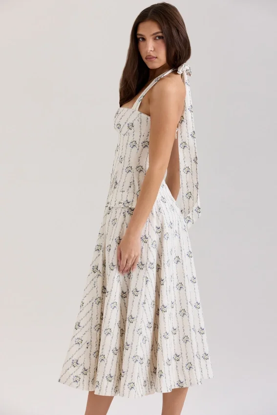 Claudia Cream Daisy Print Stretch Cotton Halter Neck Midi Dress Claudia Cream Daisy Print Stretch Cotton Halter Neck Midi Dress