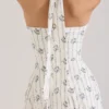 Claudia Cream Daisy Print Stretch Cotton Halter Neck Midi Dress Claudia Cream Daisy Print Stretch Cotton Halter Neck Midi Dress