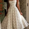 Claudia Cream Daisy Print Stretch Cotton Halter Neck Midi Dress Claudia Cream Daisy Print Stretch Cotton Halter Neck Midi Dress