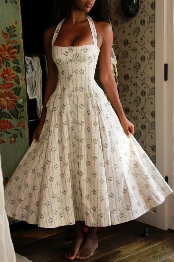 Claudia Cream Daisy Print Stretch Cotton Halter Neck Midi Dress Claudia Cream Daisy Print Stretch Cotton Halter Neck Midi Dress